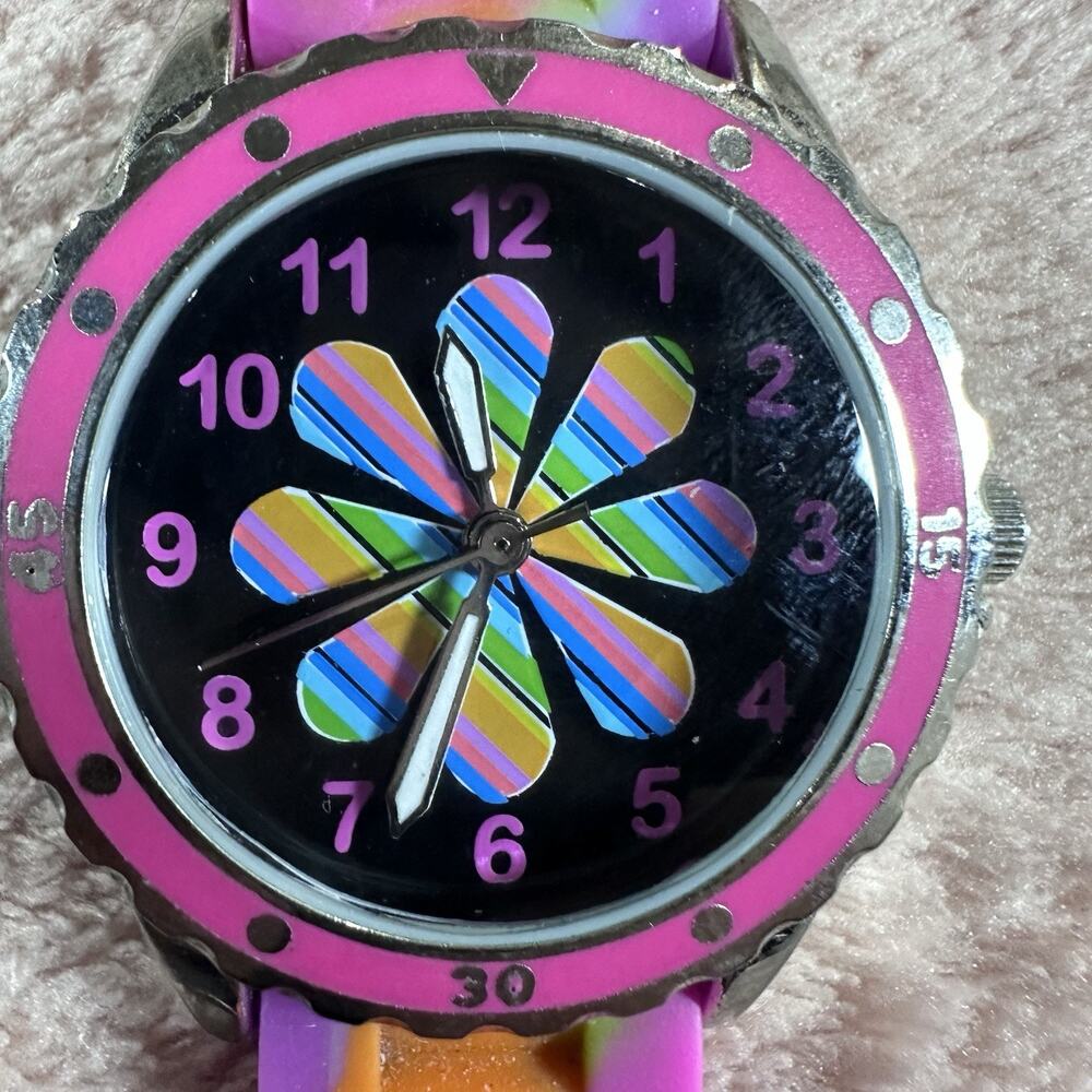 Accutime Womens Rainbow Flower Dial Watch Rubber Strap 33mm